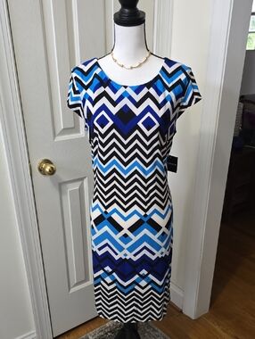 LIZ CLAIBORNE WOMENS BLUE & WHITE SYMMETRICAL SMALL CAP SLEEVES DRESS SIZE LARGE